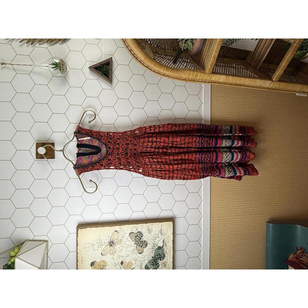 Free People Red Rare Hearts Crochet Sweater Tunic Dress - Size - Medium - Picture 4 of 9